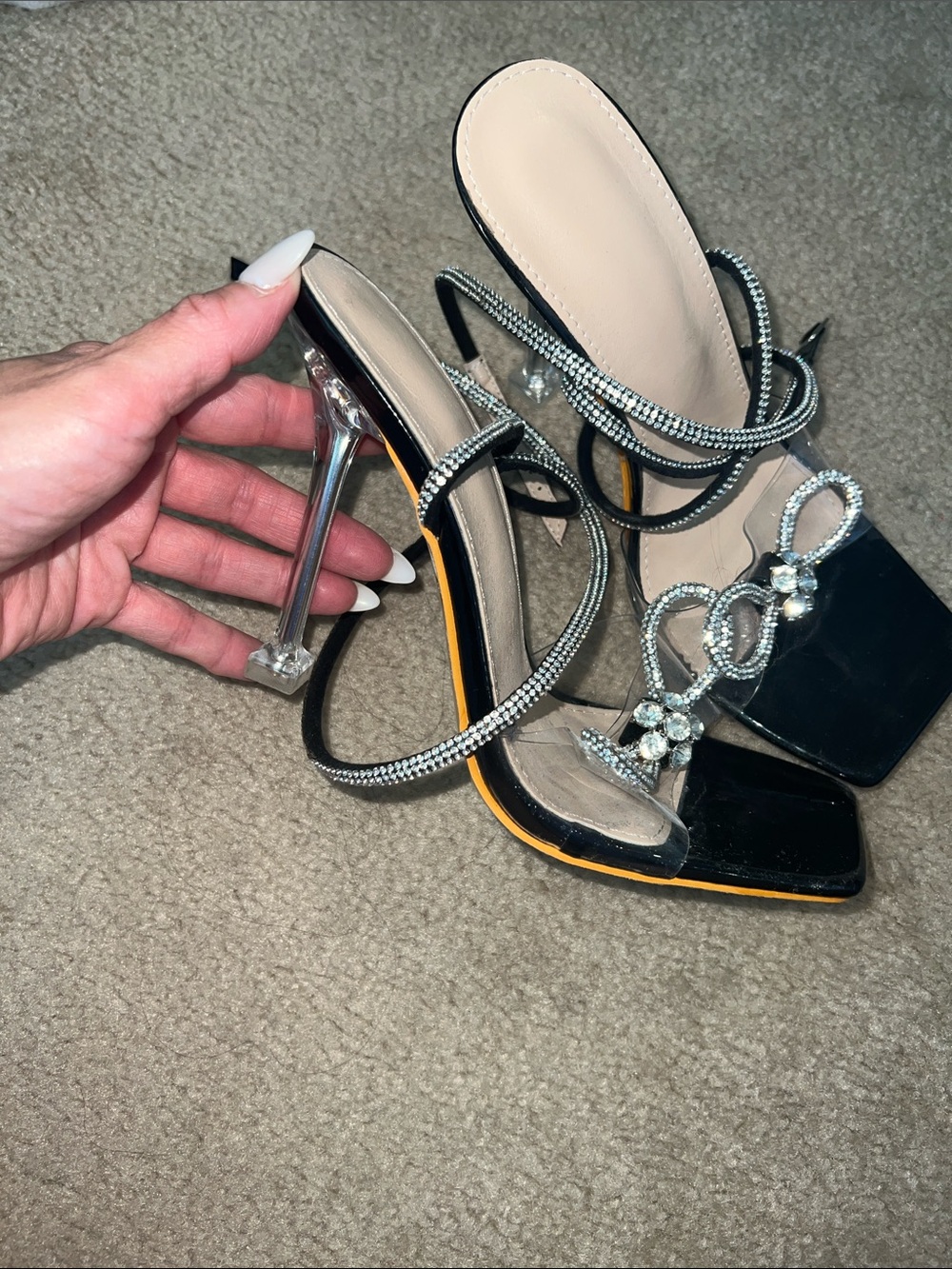 Black Crystal Embellished Strappy Heels